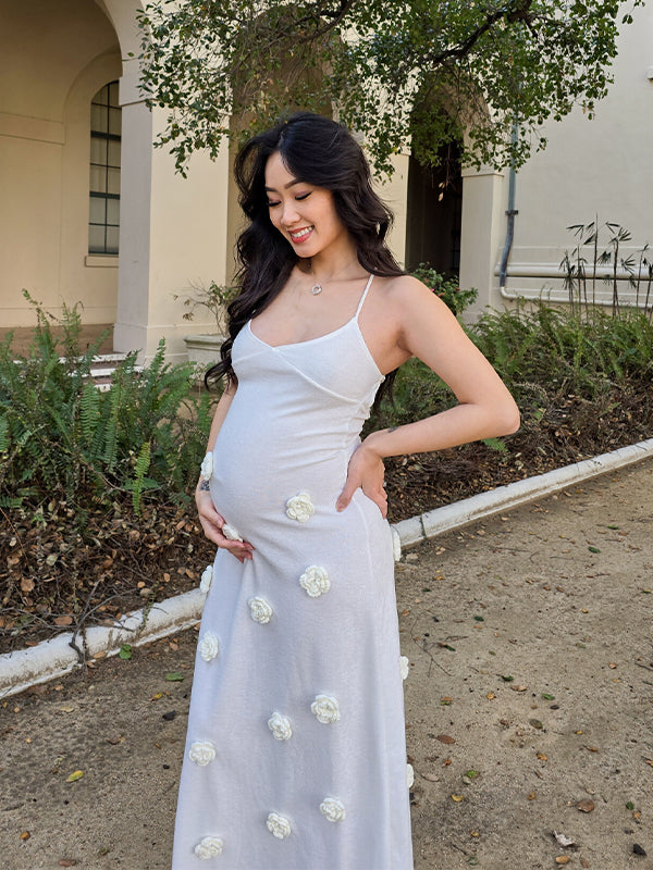 White Spaghetti Strap Backless 3D Flowers Maternity Maxi Dress