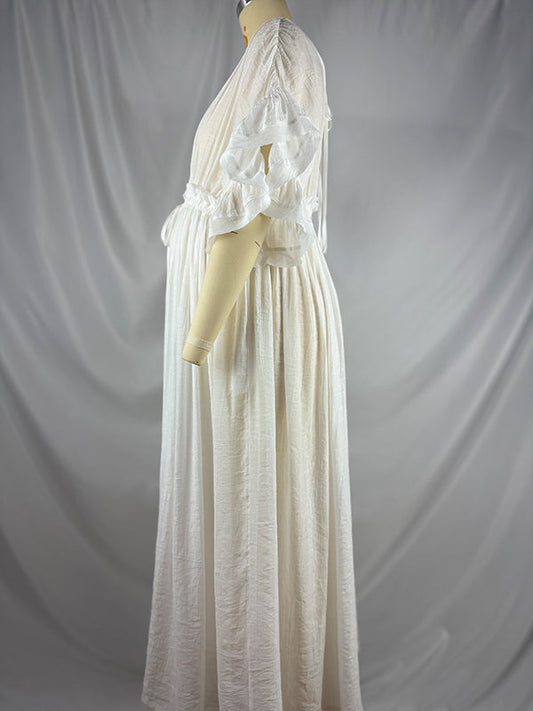fotobeyou White Deep V-neck Button Down Boho Plus Photoshoot Maternity Maxi Dress