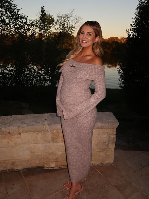 fotobeyou Off Shoulder Fluffy Knit Bardot Neckline Flare Sleeve Bodycon Elegant Going Out Party Maternity Photoshoot Baby Shower Maxi Sweater Dress