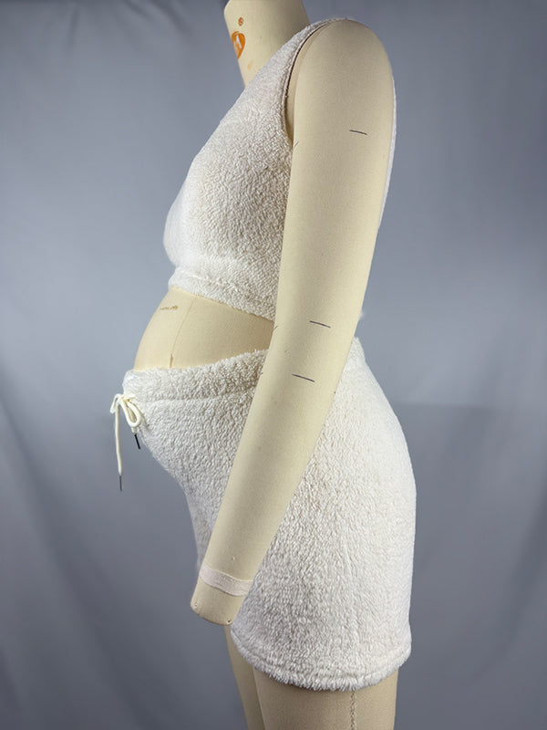 fotobeyou Ivory Three-piece Cozy Knit Set Plus Size Crop Top Cardigan Fluffy Loungewear Casual Daily Maternity Outfit