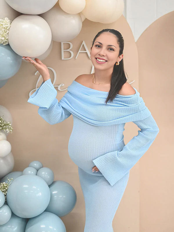 fotobeyou Blue Knit Ruched Off Shoulder Flare Sleeve Bodycon Elegant Cocktail Party Gown Maternity Photoshoot Baby Shower Maxi Dress
