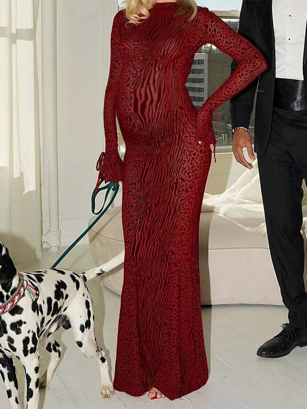 fotobeyou Red Leopard Backless Slit Flare Sleeve Sheer Bodycon Party Baby Shower Maternity Maxi Dress