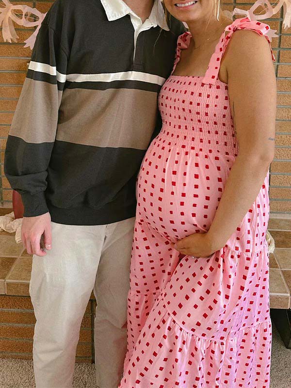 fotobeyou Bow Smocked Polka Dot Flowy Gender Reveal Baby Shower Maternity Maxi Dress