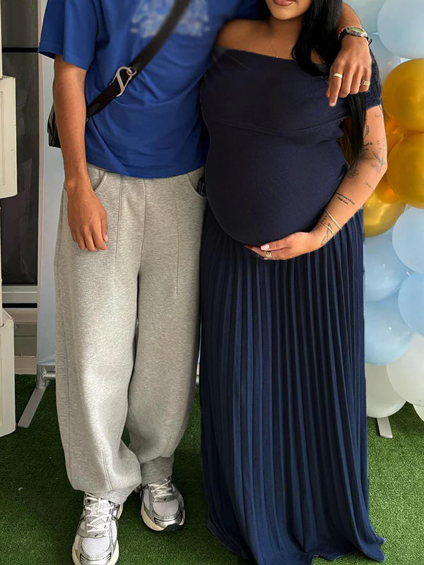 fotobeyou Solid Color Ruched Pleated Off Shoulder Big Swing Elegant Cocktail Party Maternity Photoshoot Baby Shower Maxi Dress