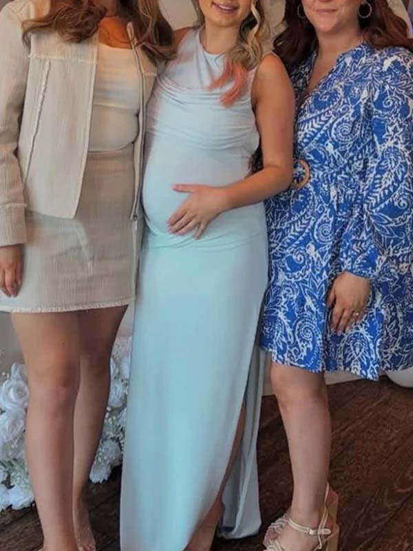 Blue Ruched Backless Side Slit Maternity Baby Shower Maxi Dress