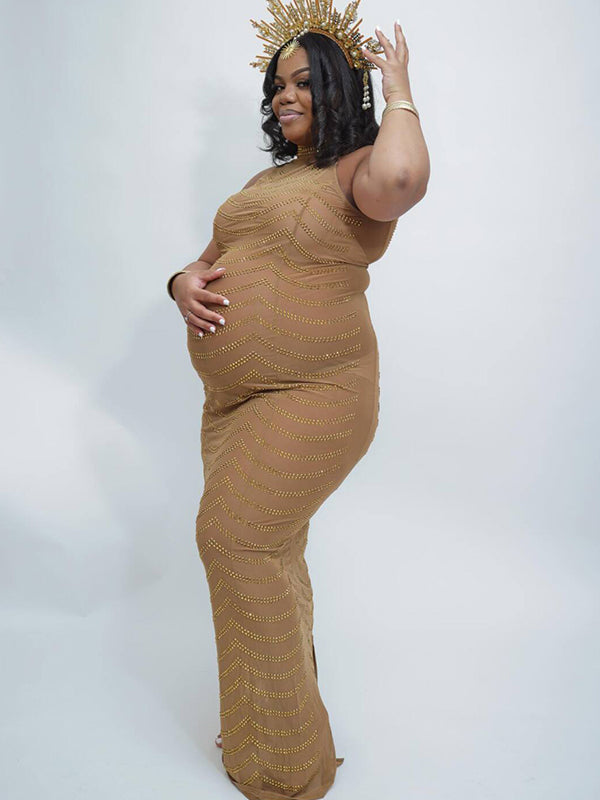 fotobeyou Gold Rhinestone Mesh Sleeveless Backless Photoshoot Bodycon Evening Plus Size Maternity Maxi Dress