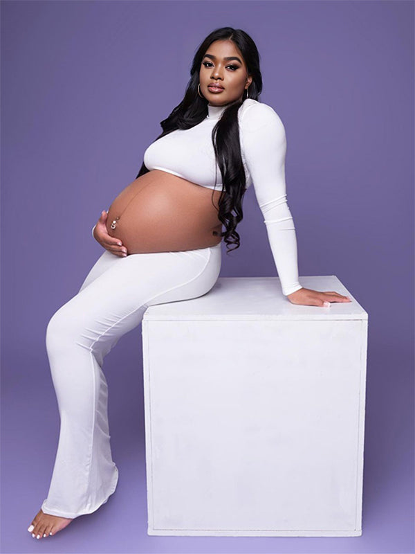 fotobeyou Solid Color Ruffle High Neck Crop Top 2-in-1 Long Sleeve Bodycon Club Party Photoshoot Maternity Maxi Dress