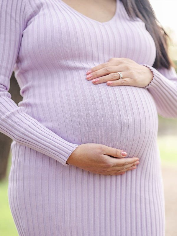 Fotobeyou Light Purple V Neck Crochet Trench Maternity Photoshoot Sweater Maxi Dress