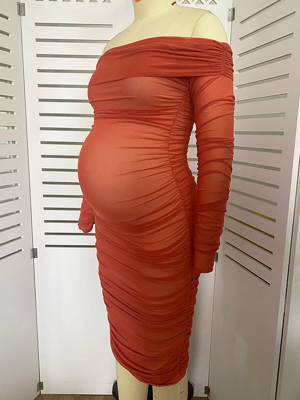fotobeyou Caramel Off Shoulder Grenadine Ruched Elegant Baby Shower Maternity Midi Dress