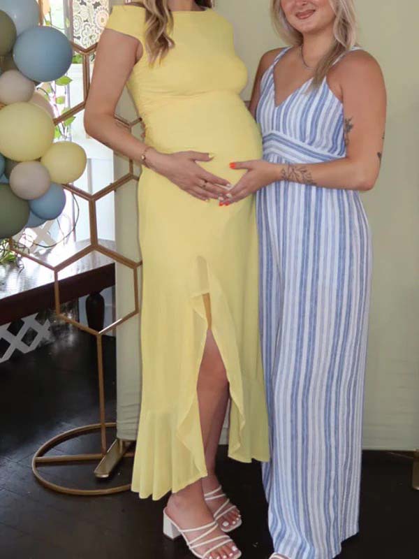 fotobeyou Yellow Mesh Ruffle One Shoulder Side Slit Maternity Maxi Dress