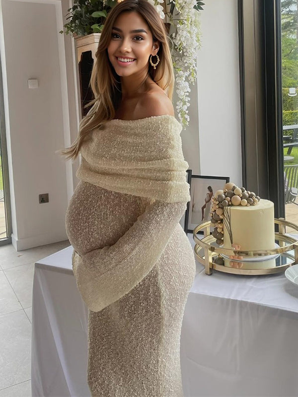 fotobeyou Solid Color Off Shoulder Hollow Out Knitwear Bodycon Beach Vacation Dress Baby Shower Maternity Maxi Dress