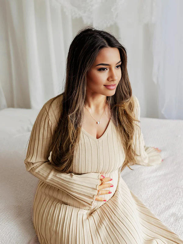 fotobeyou Knit Pleated Big Swing V-neck Plus Size Sweater Elegant Going Out Maternity Photoshoot Baby Shower Maxi Dress