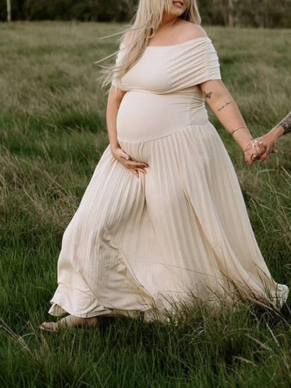 Apricot  Ruched Pleated Maternity Photoshoot Plus Size Maxi Dress