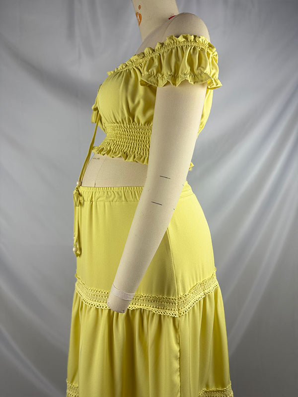 fotobeyou Off Shoulder Ruffle Falbala Big Swing Two Piece Set Boho Maternity Photoshoot Maxi Dress