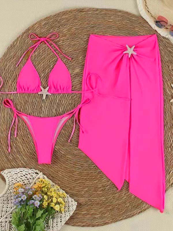 fotobeyou Rose Carmine Three-piece Starfish Lace-Up Ruched Slit Cami Swimwear Chic Baby Moon Beach Bikini
