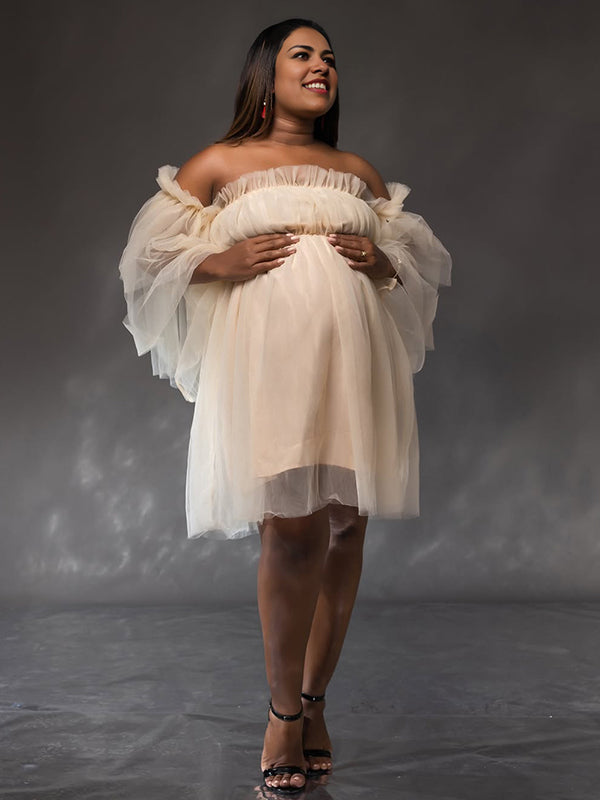 Apricot Off Shoulder Tulle Plus Size Maternity Mini Dress