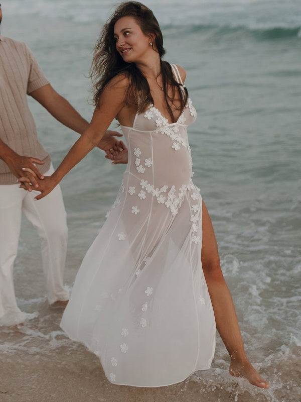 fotobeyou Cut Out Lace Patchwork V-Neck Sheer Side Slit Sleeveless Photoshoot Maternity Maxi Dress