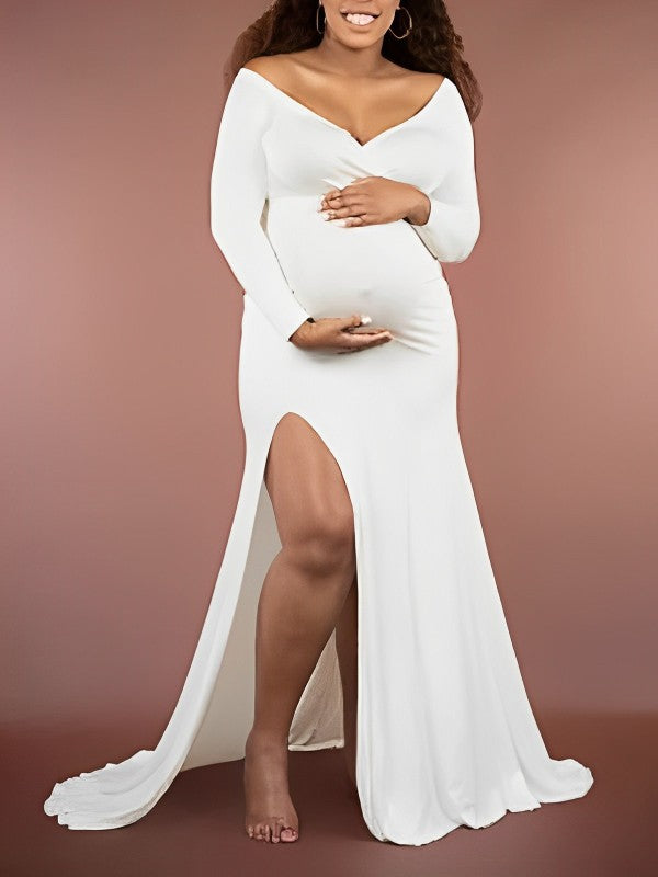 fotobeyou White Off Shoulder Side Slit Mermaid Bodycon Photoshoot Maternity Maxi Dress