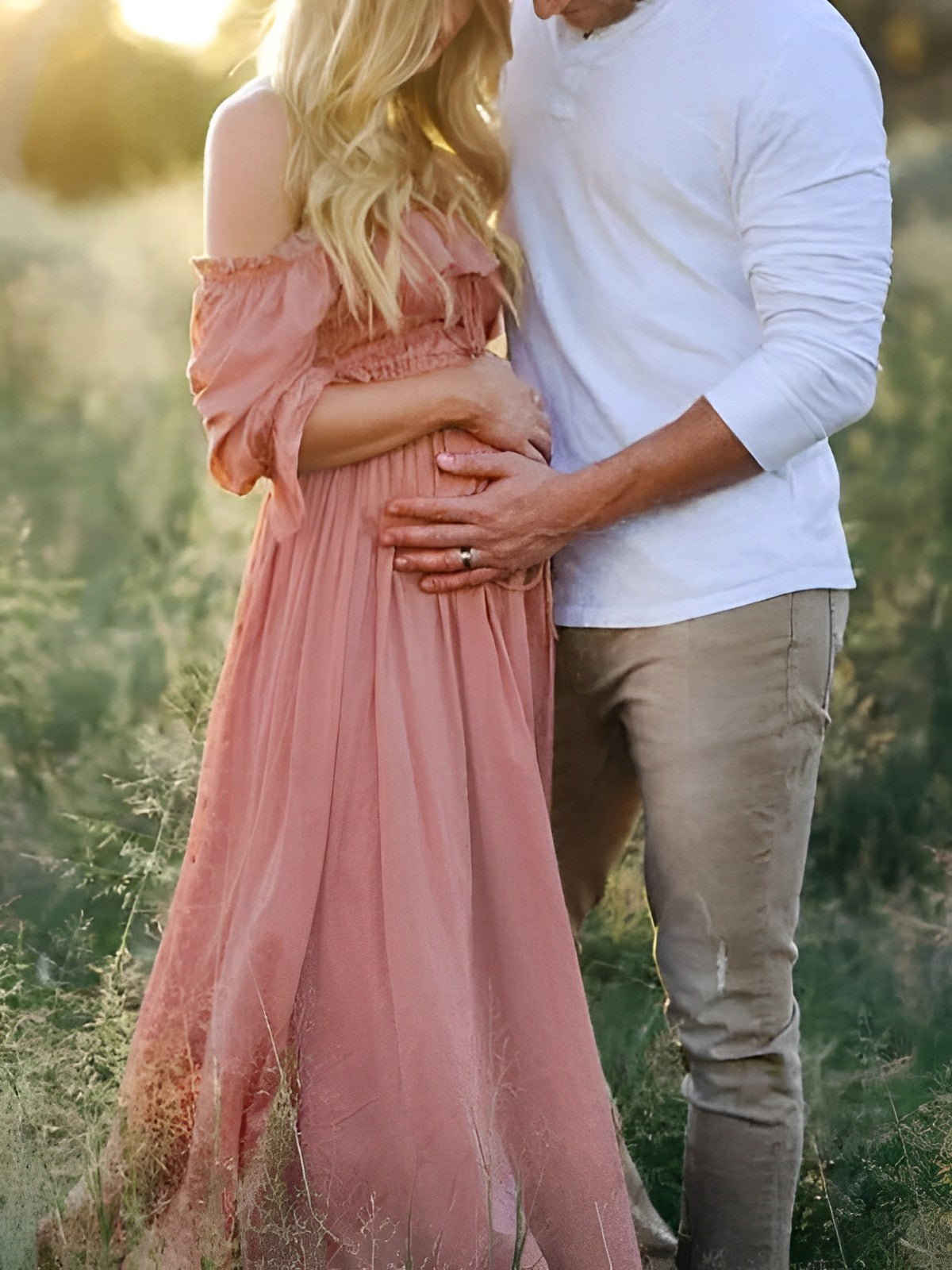 fotobeyou Pink Boho Flowy Bump Friendly Off Shoulder Photoshoots Maxi Dress