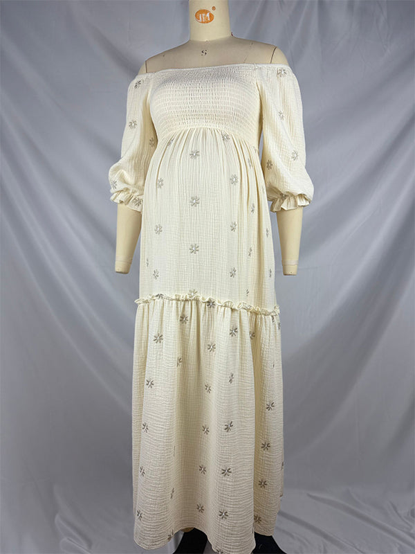 fotobeyou Apricot Daisy Print Smocked Off Shoulder Maternity Photoshoot Maxi Dress
