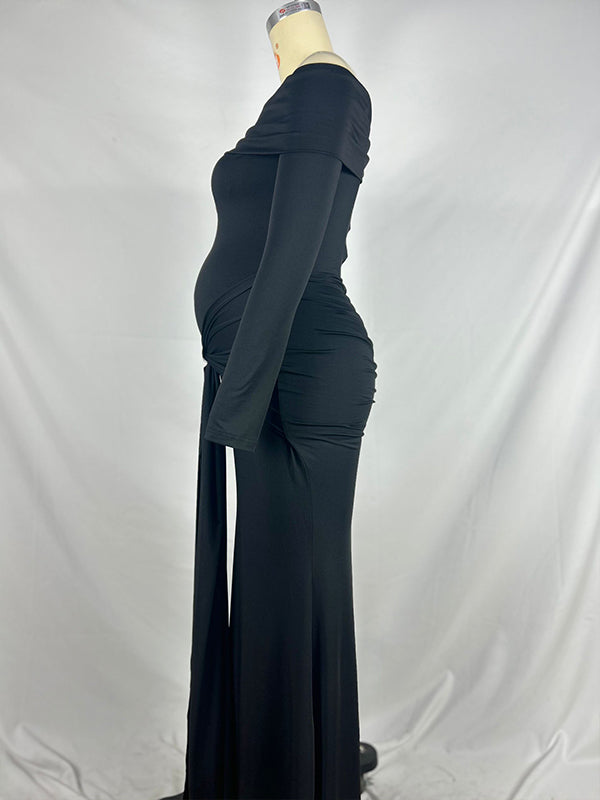 fotobeyou Black Off Shoulder Draped Ruched Metal Buckle Bodycon Elegant Maternity Photoshoot Maxi Dress