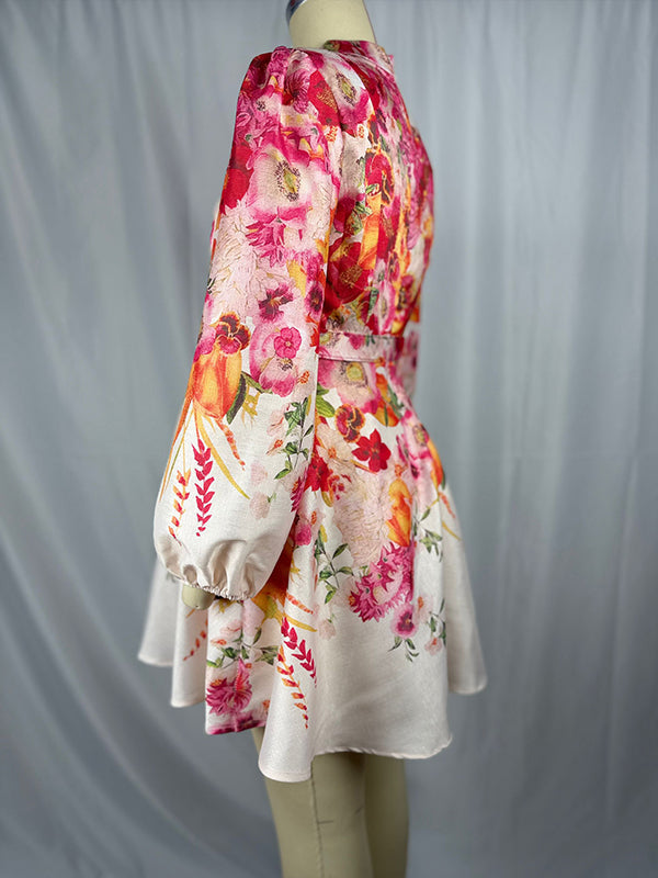 fotobeyou Floral Single Breasted Belt A-line Lantern Sleeve Elegant Maternity Baby Shower Mini Dress