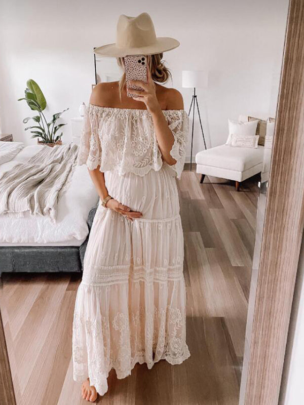 fotobeyou White Off Shoulder Lace Tiered Boat Neck Flowy Elegant Maternity Photoshoot Dress