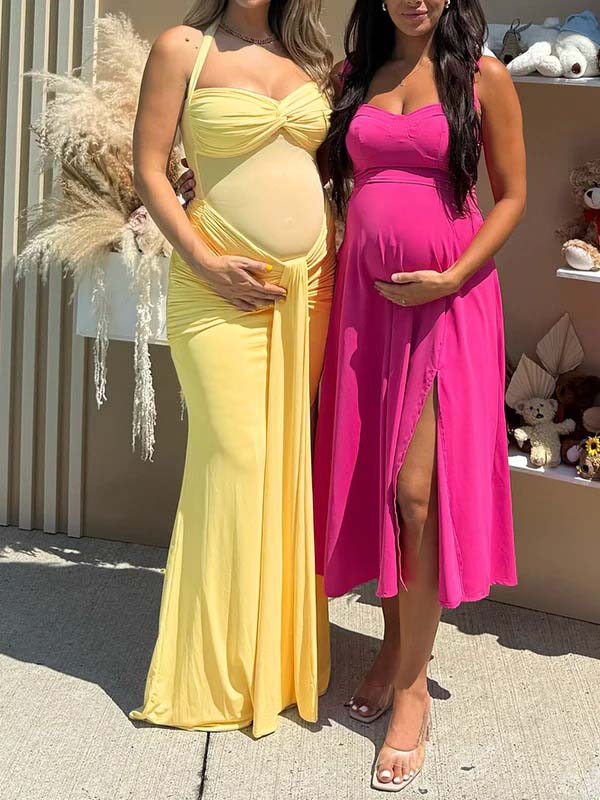 fotobeyou Mesh Ruched Draped Halter Neck Backless Maternity Maxi Dress