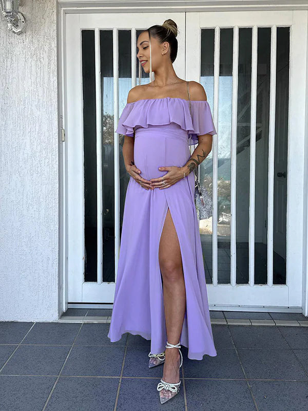 fotobeyou Flowy Chiffon Off Shoulder Ruffle Falbala Side Slit Big Swing Elegant Evening Gown Maternity Photoshoot Baby Shower Maxi Dress