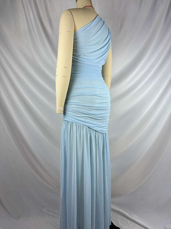 One Shoulder Mesh Ruched Mermaid Evening Gown Maternity Maxi Dress