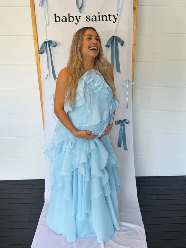 Blue Cake Ruffle 3D Flower Backless Baby Shower Maternity Maxi Dress