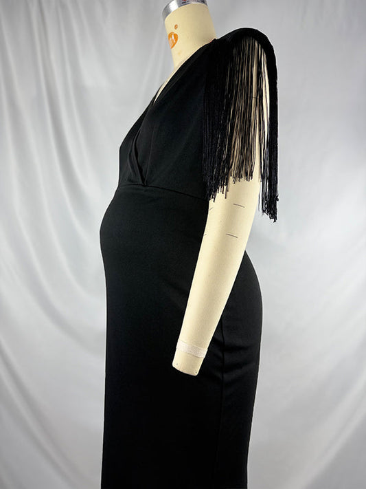 fotobeyou Black Tassel Fringe Cross Chest Mermaid Plus Size Elegant Maternity Maxi Dress