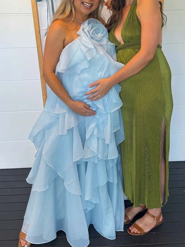 Blue Cake Ruffle 3D Flower Backless Baby Shower Maternity Maxi Dress