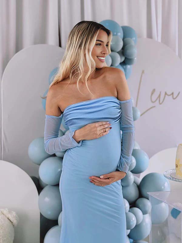 fotobeyou Blue Mesh Off Shoulder Ruched Elegant Maternity Baby Shower Maxi Dress
