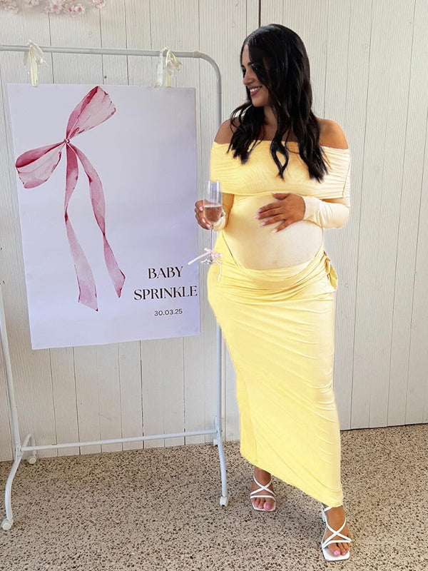 fotobeyou Off Shoulder Cut Out Grenadine Splicing Sheer Ruched Baby Shower Maternity Maxi Dress