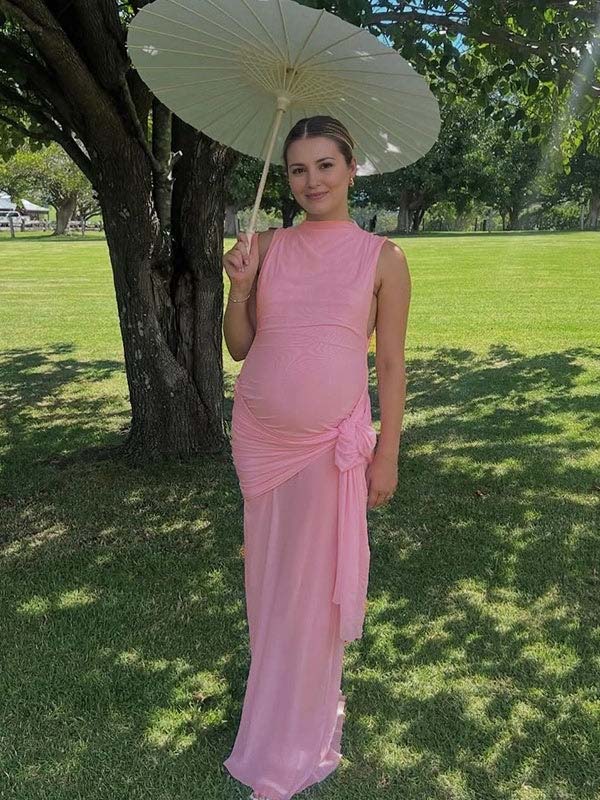 fotobeyou Pink Lace-up Pennant Grenadine Banquet Party Baby Shower Maternity Photoshoot Maxi Dress