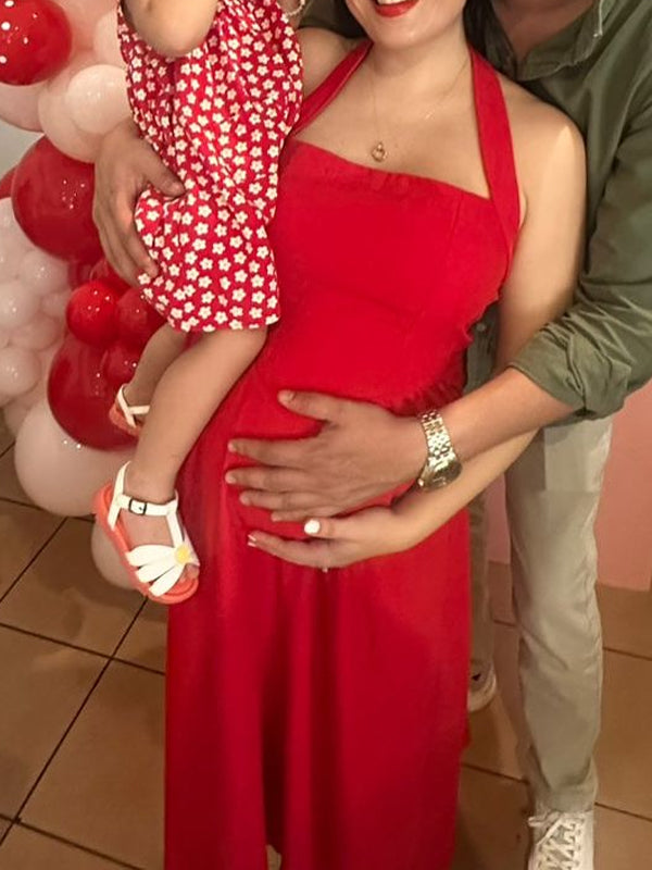 Fotobeyou Red Halter Neck Open Back Maternity Baby Shower Maxi Dress