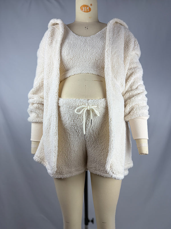 fotobeyou Ivory Three-piece Cozy Knit Set Plus Size Crop Top Cardigan Fluffy Loungewear Casual Daily Maternity Outfit
