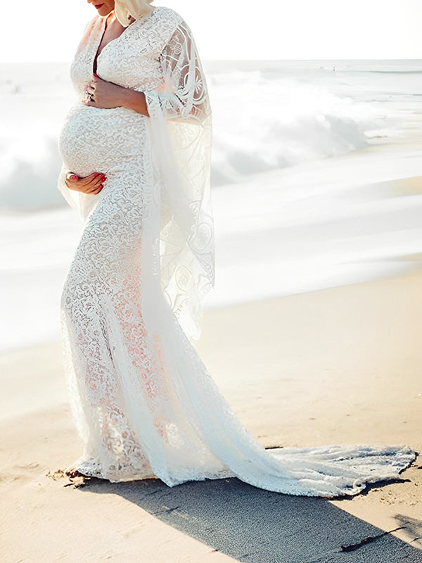 fotobeyou White Lace Trumpet V-Neck Flare Sleeve Bodycon Prom Wedding Gown Photoshoot Maternity Maxi Dress