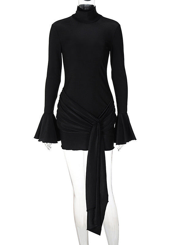 fotobeyou Solid Color Cascading Ruffle Irregular High Neck Draped Bodycon Falbala Elegant Flare Sleeve Bandage Party Baby Shower Maternity Mini Dress