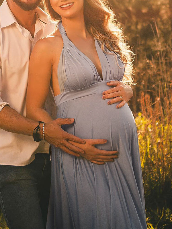 fotobeyou Spaghetti Strap Backless Tie Back High Waist Boho Photoshoot Maternity Maxi Dress
