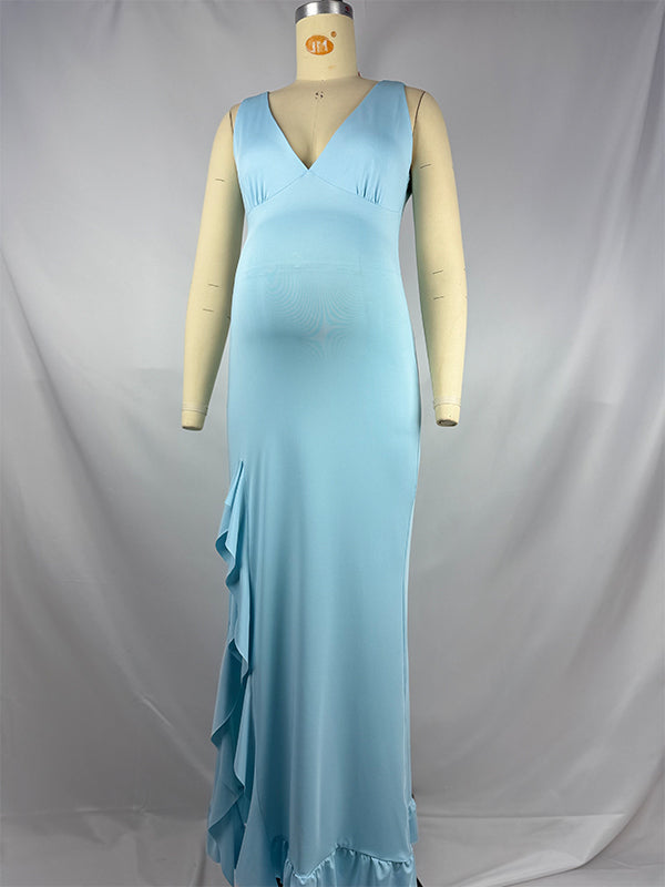 fotobeyou Blue Ruffle Side Slit Baby Boy Shower Maternity Maxi Dress