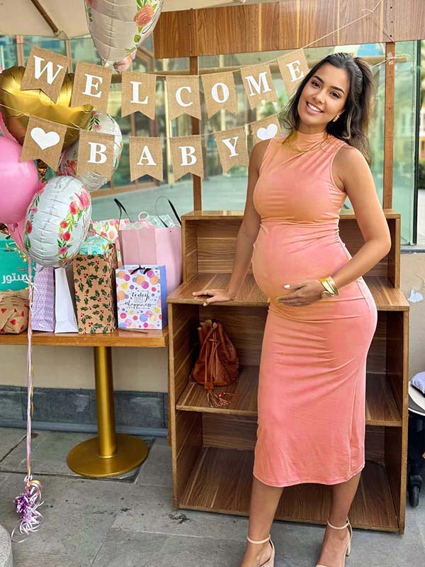 fotobeyou Pink High Neck Sleeveless Elegant Maternity Baby Shower Midi Dress