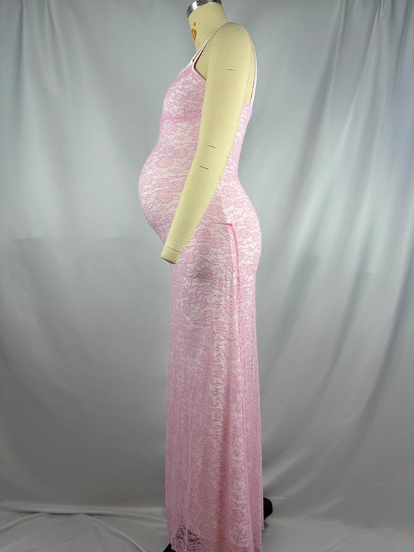 fotobeyou Pink Hit Color Lace Cami Elegant Maternity Maxi Dress