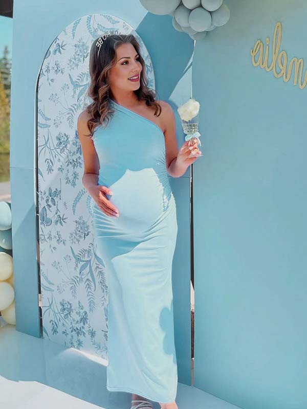 fotobeyou Ruched One Shoulder Bodycon Elegant Maternity Maxi Dress