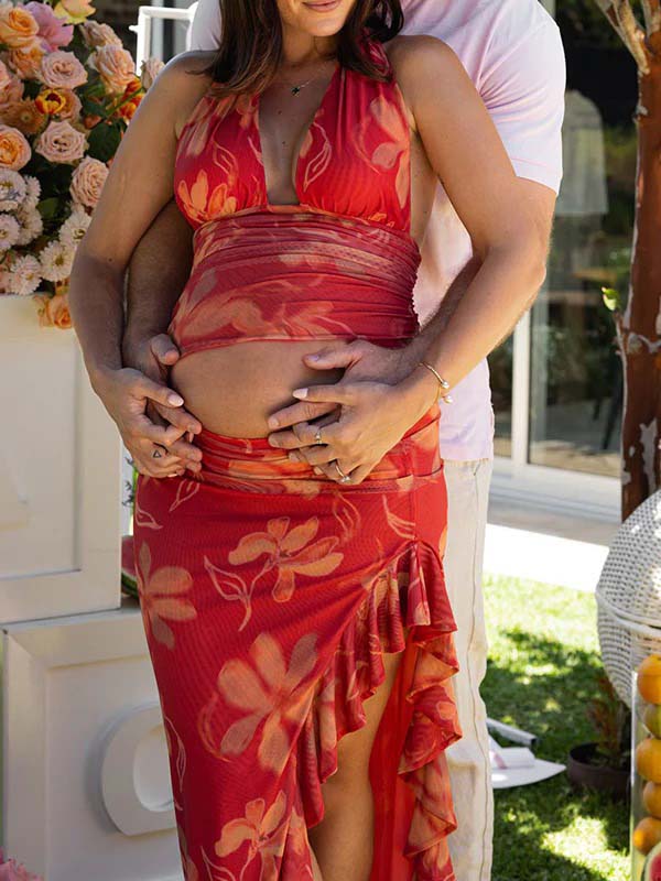 Floral Crop Ruffle Side Slit Backless 2-in-1 Chic Maternity Maxi Dress