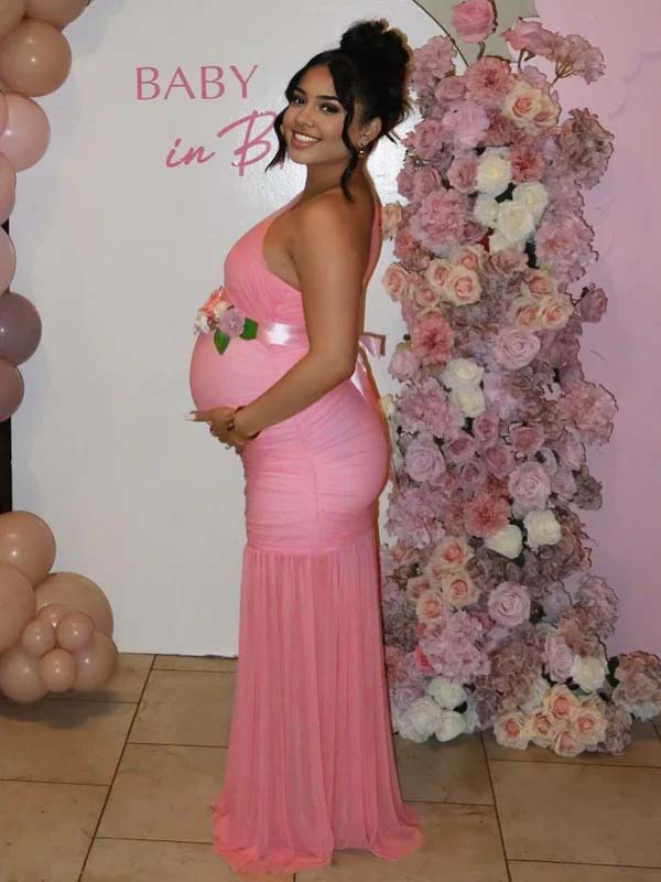 Mesh One Shoulder Ruched Side Slit Mermaid Maternity Maxi Dress