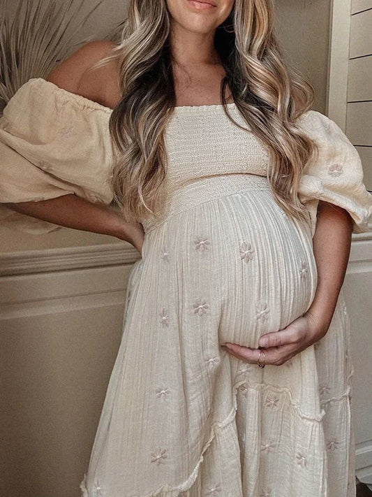 fotobeyou Apricot Daisy Print Smocked Off Shoulder Ruffle Big Swing Elegant Vacation Maternity Photoshoot Baby Shower Party Maxi Dress