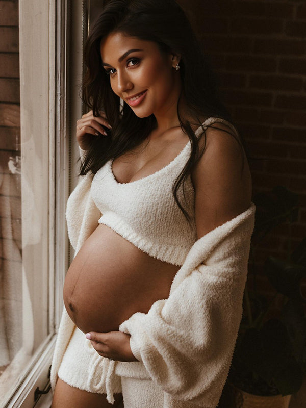 fotobeyou Ivory Three-piece Cozy Knit Set Plus Size Crop Top Cardigan Fluffy Loungewear Casual Daily Maternity Outfit