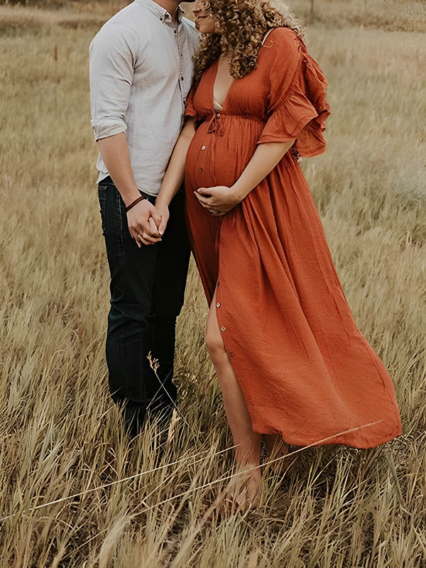 fotobeyou Single Breasted Drawstring Ruffle Tie Back Red Maternity Photoshoot Maxi Dress